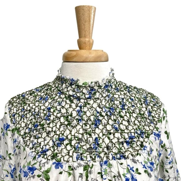 Zara Linen Blend Cottagecore Floral Long Sleeve Dress Smocked Neck size Small - Picture 4 of 11